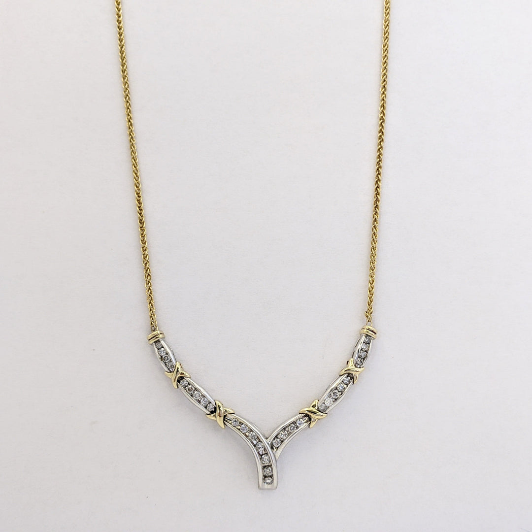14K TWO-TONE 1.02 CARAT TOTAL WEIGHT SI2 I DIAMOND ROUND (29) CHANNEL ESTATE V-NECKLACE 10.8 GRAMS