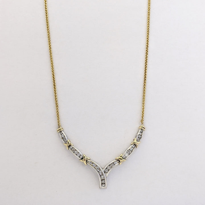 14K TWO-TONE 1.02 CARAT TOTAL WEIGHT SI2 I DIAMOND ROUND (29) CHANNEL ESTATE V-NECKLACE 10.8 GRAMS
