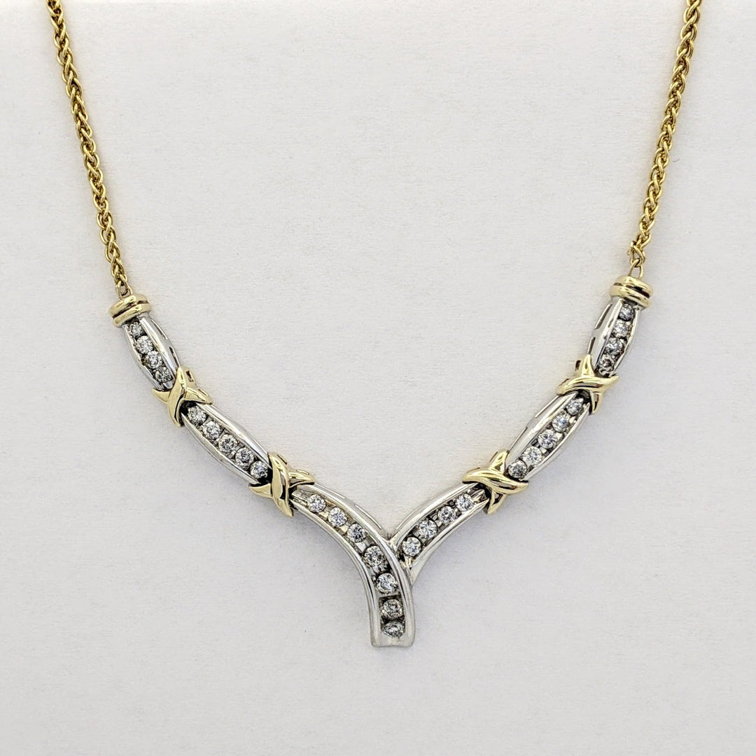 14K TWO-TONE 1.02 CARAT TOTAL WEIGHT SI2 I DIAMOND ROUND (29) CHANNEL ESTATE V-NECKLACE 10.8 GRAMS