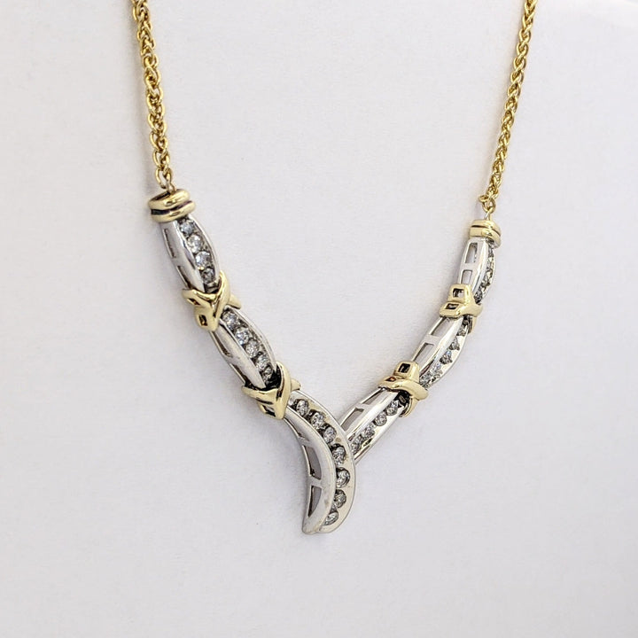 14K TWO-TONE 1.02 CARAT TOTAL WEIGHT SI2 I DIAMOND ROUND (29) CHANNEL ESTATE V-NECKLACE 10.8 GRAMS