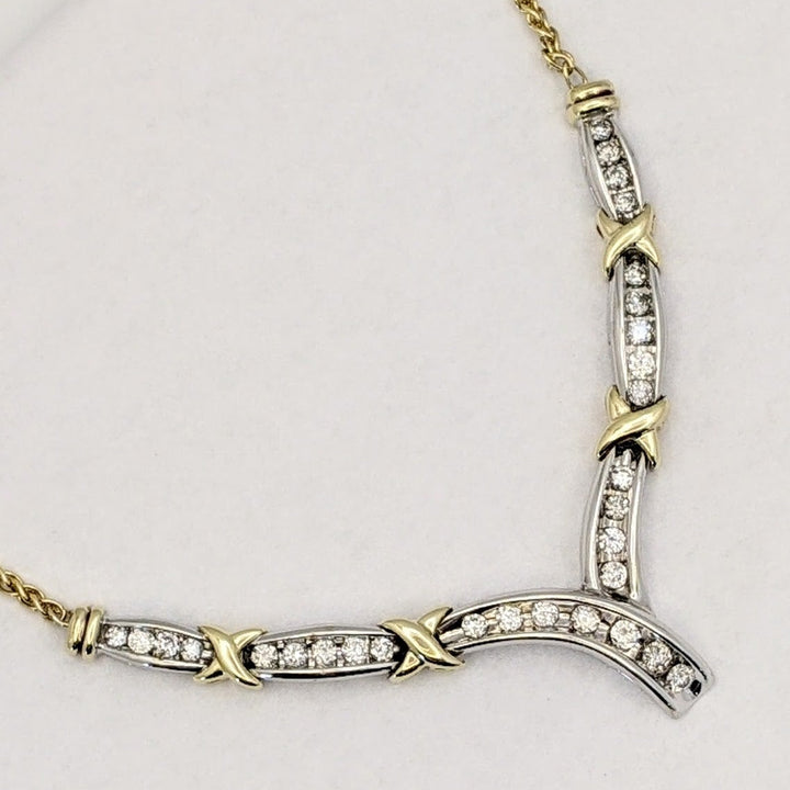 14K TWO-TONE 1.02 CARAT TOTAL WEIGHT SI2 I DIAMOND ROUND (29) CHANNEL ESTATE V-NECKLACE 10.8 GRAMS