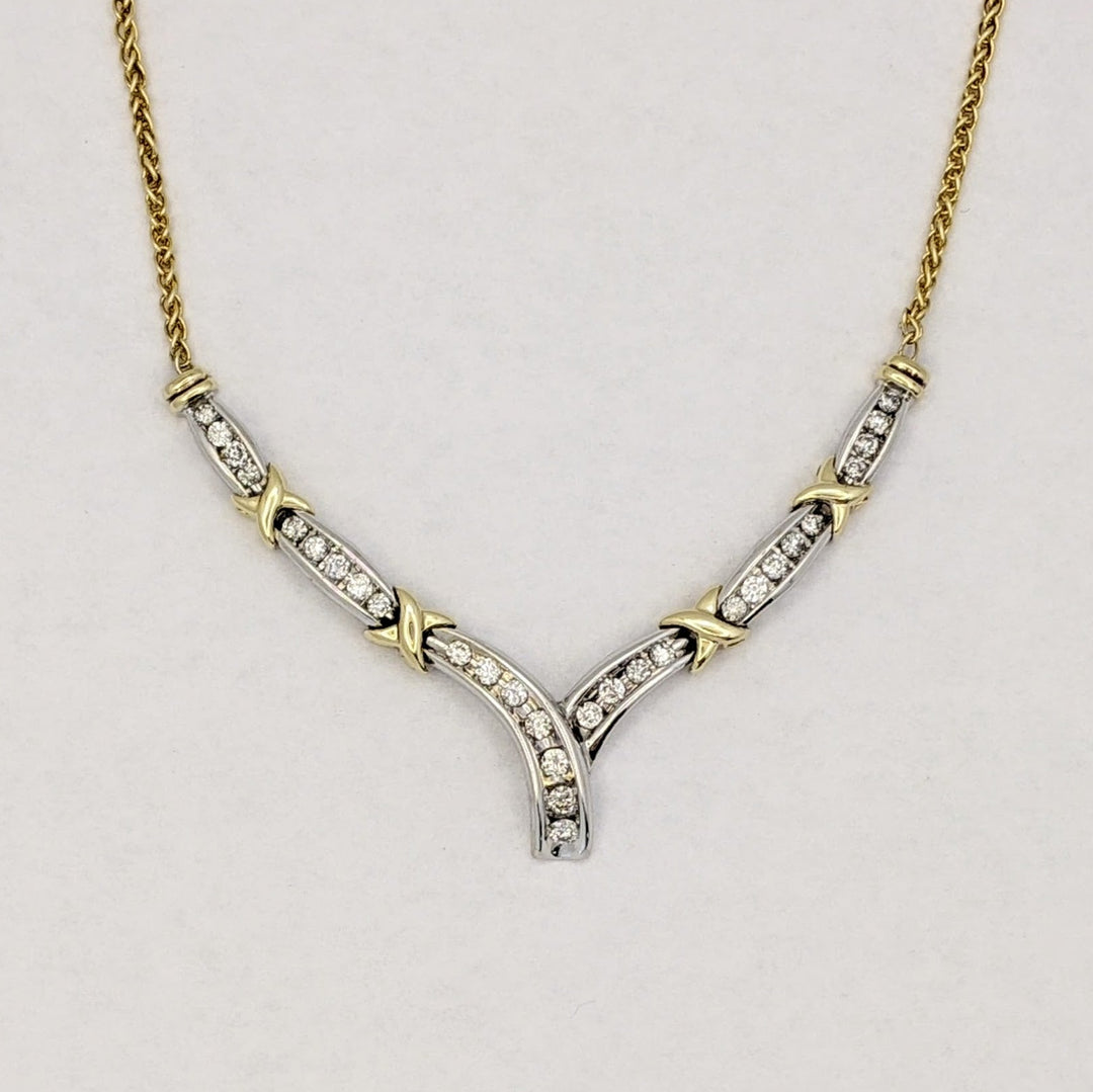 14K TWO-TONE 1.02 CARAT TOTAL WEIGHT SI2 I DIAMOND ROUND (29) CHANNEL ESTATE V-NECKLACE 10.8 GRAMS