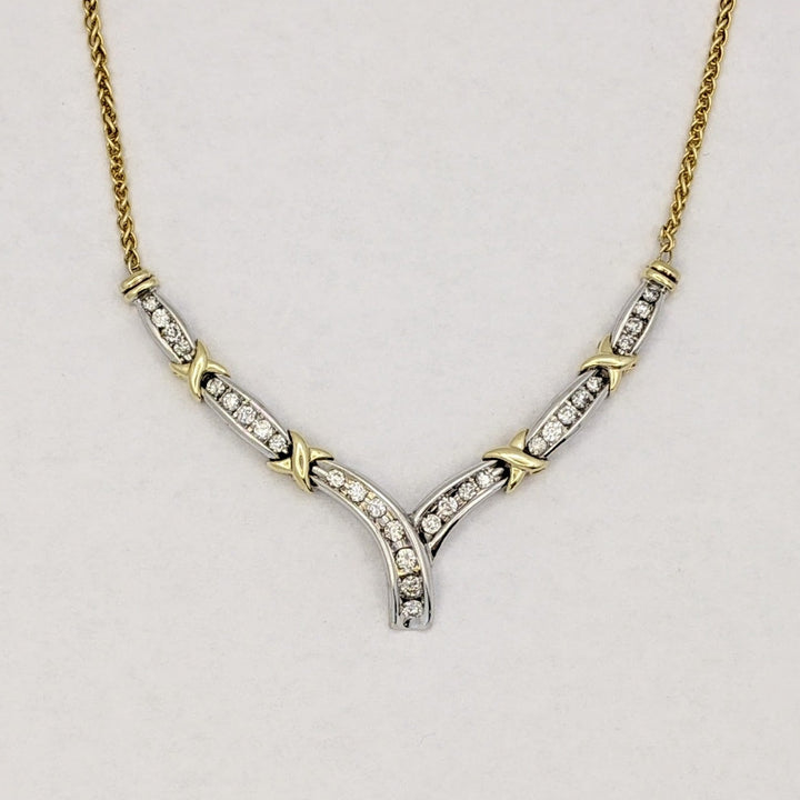 14K TWO-TONE 1.02 CARAT TOTAL WEIGHT SI2 I DIAMOND ROUND (29) CHANNEL ESTATE V-NECKLACE 10.8 GRAMS