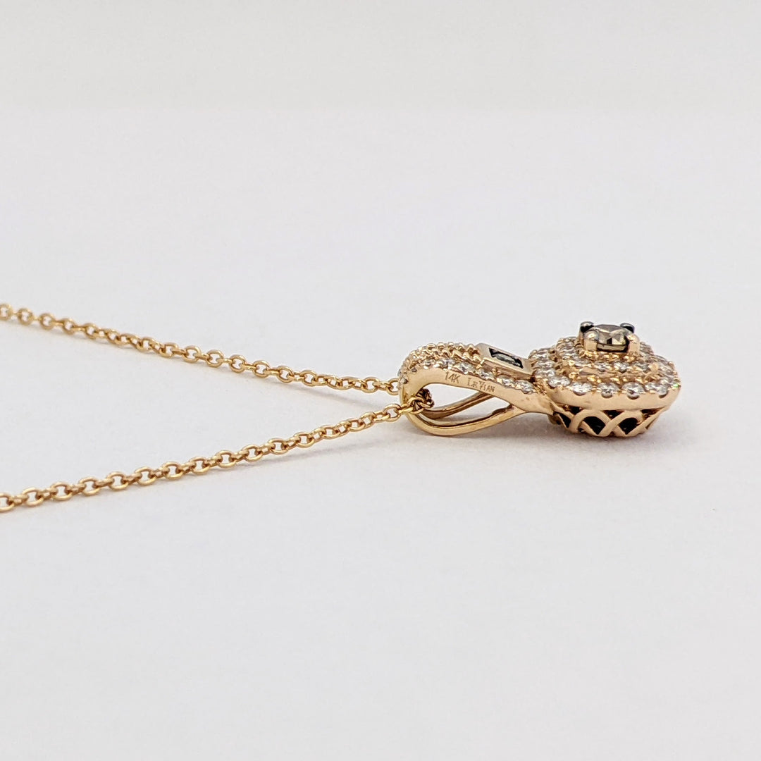 14K ROSE .29 CARAT TOTAL WEIGHT SI2 H DIAMOND ROUND (48) BROWN (1) "LEVIAN" ESTATE PENDANT &amp; CHAIN 2.9 GRAMS