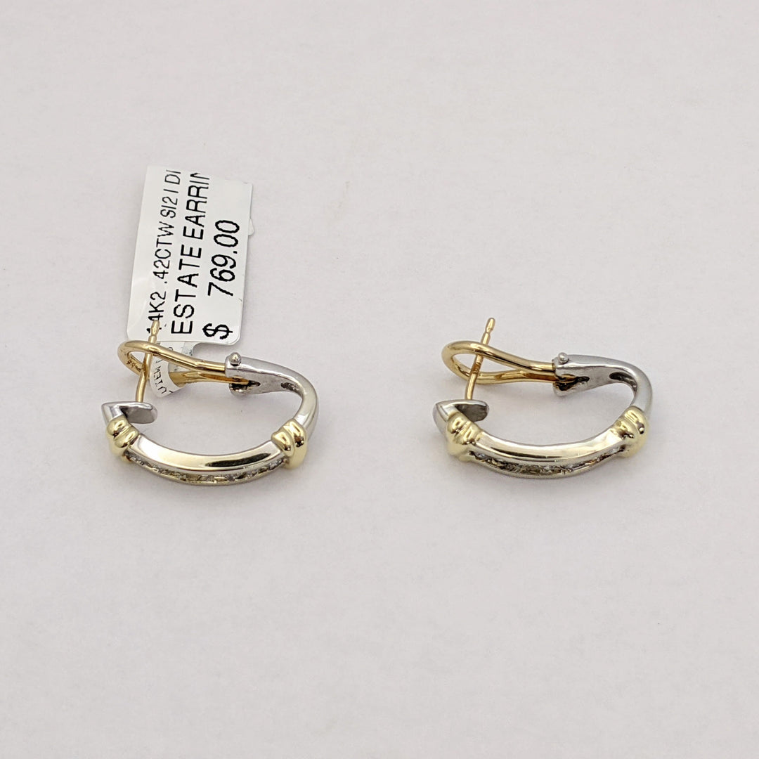 14K TWO-TONE .42 CARAT TOTAL WEGIHT SI2 I DIAMOND ROUND (14) OMEGA ESTATE EARRINGS 5.3 GRAMS