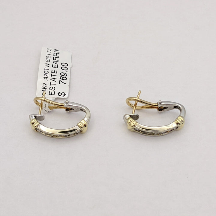 14K TWO-TONE .42 CARAT TOTAL WEGIHT SI2 I DIAMOND ROUND (14) OMEGA ESTATE EARRINGS 5.3 GRAMS