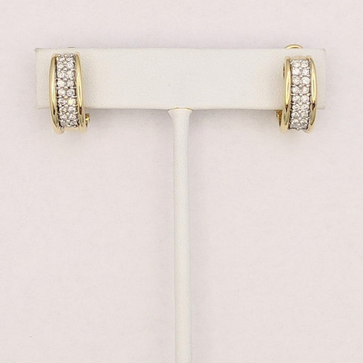 14K .72 CARAT TOTAL WEIGHT SI2 H DIAMOND ROUND (36) 2-ROW OMEGA ESTATE EARRINGS 5.9 GRAMS
