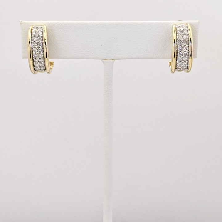 14K .72 CARAT TOTAL WEIGHT SI2 H DIAMOND ROUND (36) 2-ROW OMEGA ESTATE EARRINGS 5.9 GRAMS