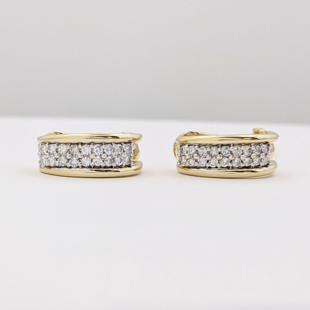 14K .72 CARAT TOTAL WEIGHT SI2 H DIAMOND ROUND (36) 2-ROW OMEGA ESTATE EARRINGS 5.9 GRAMS
