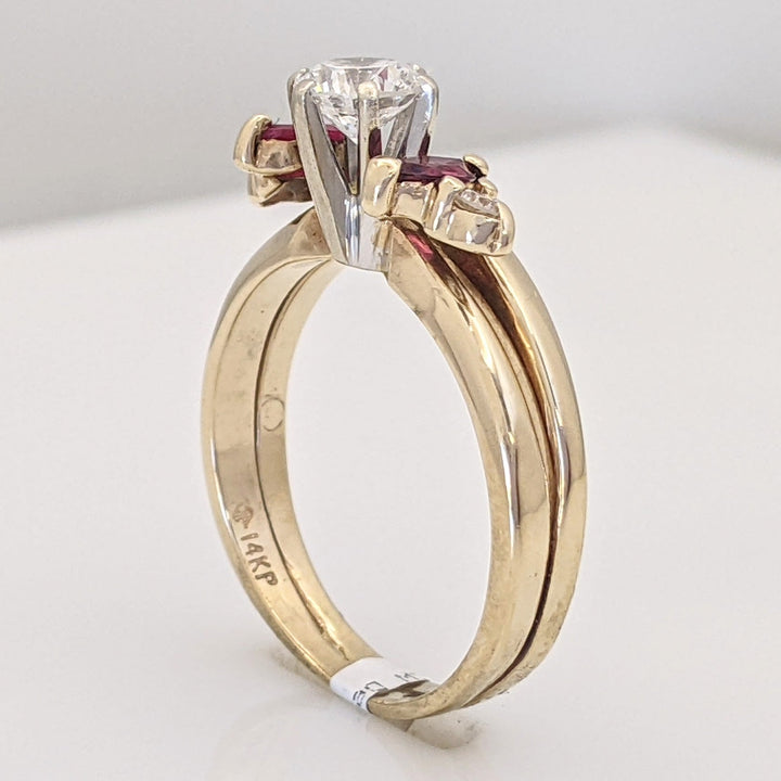 14K .52 CARAT TOTAL WEIGHT SI2 H DIAMOND ROUND (3) RUBY MARQUISE (2) ESTATE RING 3.9 GRAMS