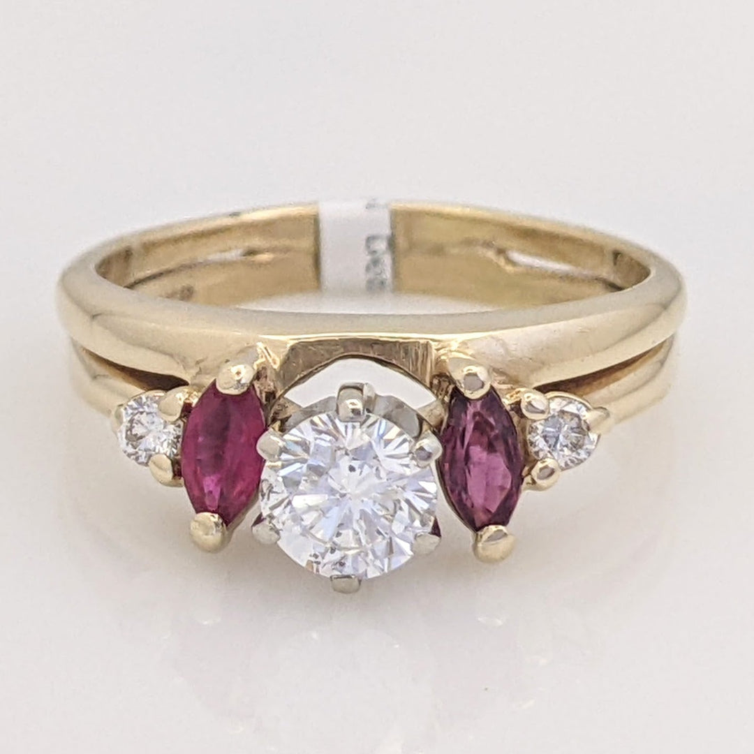 14K .52 CARAT TOTAL WEIGHT SI2 H DIAMOND ROUND (3) RUBY MARQUISE (2) ESTATE RING 3.9 GRAMS