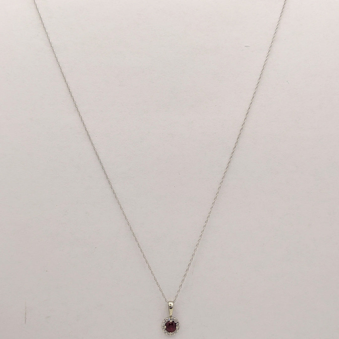 14K WHITE RUBY ROUND 4MM WITH .12 DIAMOND TOTAL WEIGHT ESTATE HALO PENDANT &amp; CHAIN 1.3 GRAMS