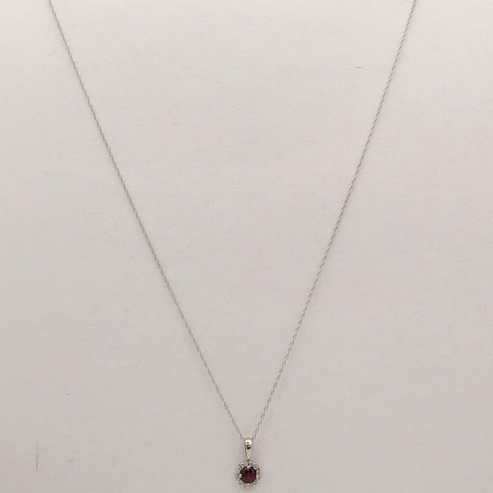 14K WHITE RUBY ROUND 4MM WITH .12 DIAMOND TOTAL WEIGHT ESTATE HALO PENDANT &amp; CHAIN 1.3 GRAMS