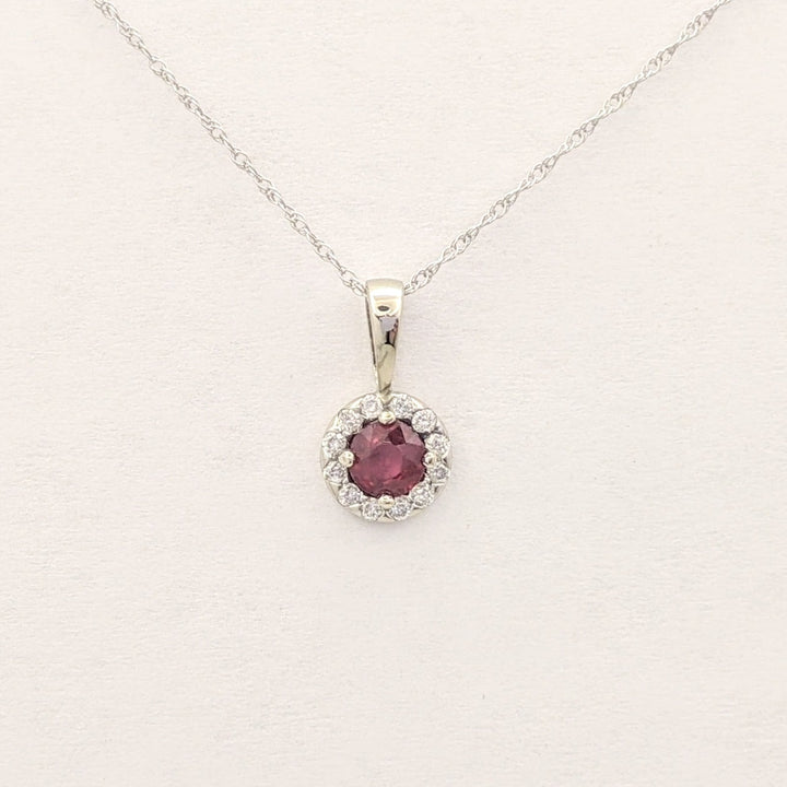 14K WHITE RUBY ROUND 4MM WITH .12 DIAMOND TOTAL WEIGHT ESTATE HALO PENDANT &amp; CHAIN 1.3 GRAMS