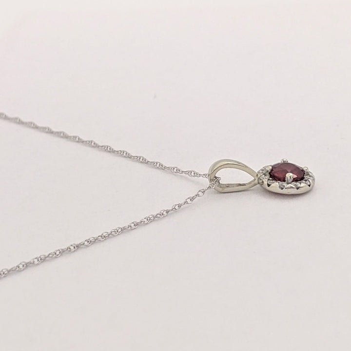 14K WHITE RUBY ROUND 4MM WITH .12 DIAMOND TOTAL WEIGHT ESTATE HALO PENDANT &amp; CHAIN 1.3 GRAMS
