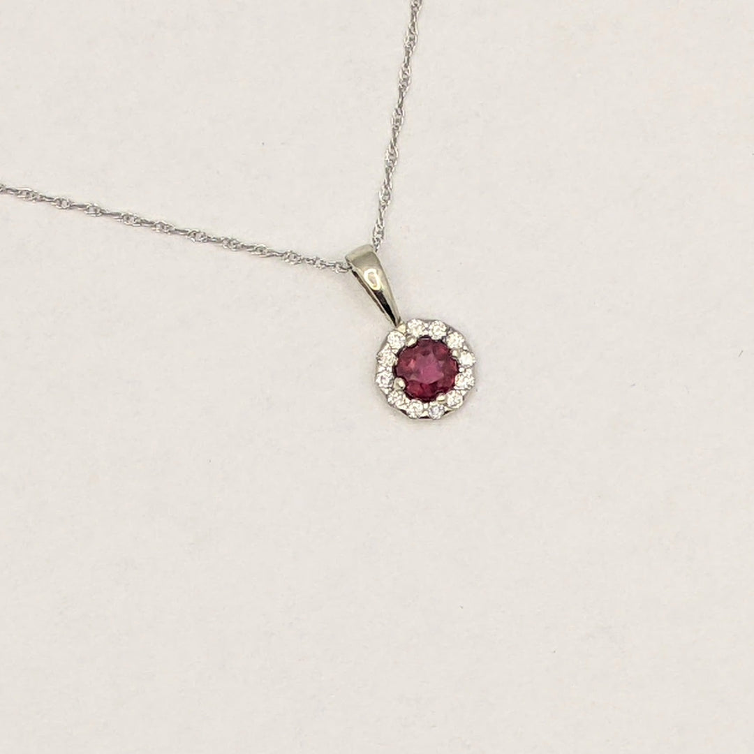 14K WHITE RUBY ROUND 4MM WITH .12 DIAMOND TOTAL WEIGHT ESTATE HALO PENDANT &amp; CHAIN 1.3 GRAMS