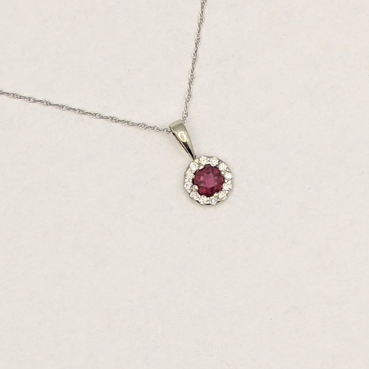 14K WHITE RUBY ROUND 4MM WITH .12 DIAMOND TOTAL WEIGHT ESTATE HALO PENDANT &amp; CHAIN 1.3 GRAMS