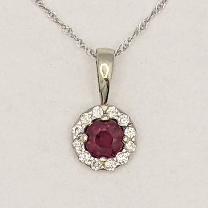 14K WHITE RUBY ROUND 4MM WITH .12 DIAMOND TOTAL WEIGHT ESTATE HALO PENDANT &amp; CHAIN 1.3 GRAMS