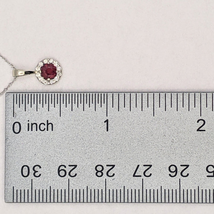 14K WHITE RUBY ROUND 4MM WITH .12 DIAMOND TOTAL WEIGHT ESTATE HALO PENDANT &amp; CHAIN 1.3 GRAMS