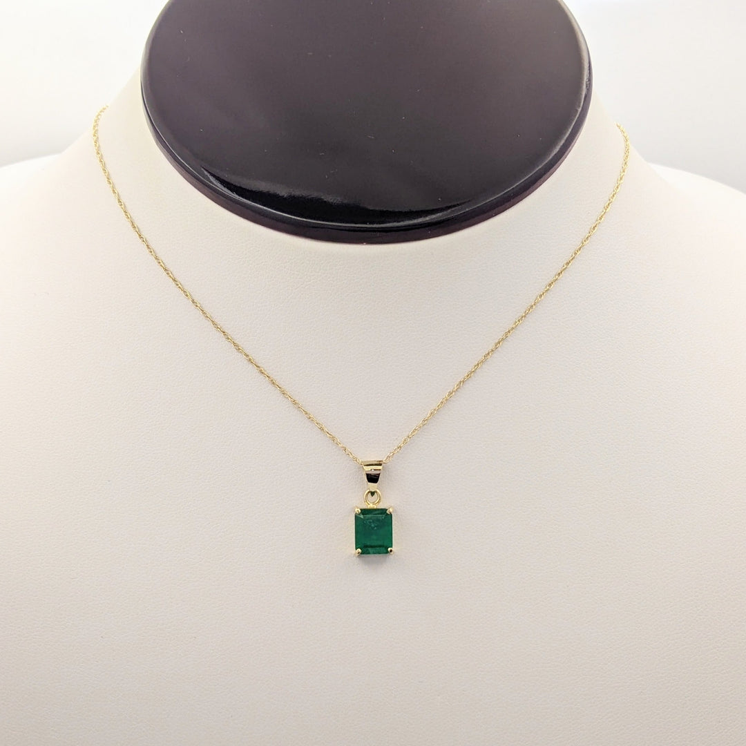 18K EMERALD EMERALD CUT 1.65 CARAT ESTATE PENDANT &amp; 14K CHAIN 2.1 GRAMS