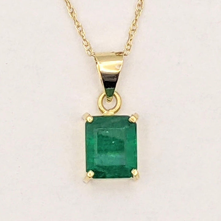 18K EMERALD EMERALD CUT 1.65 CARAT ESTATE PENDANT &amp; 14K CHAIN 2.1 GRAMS