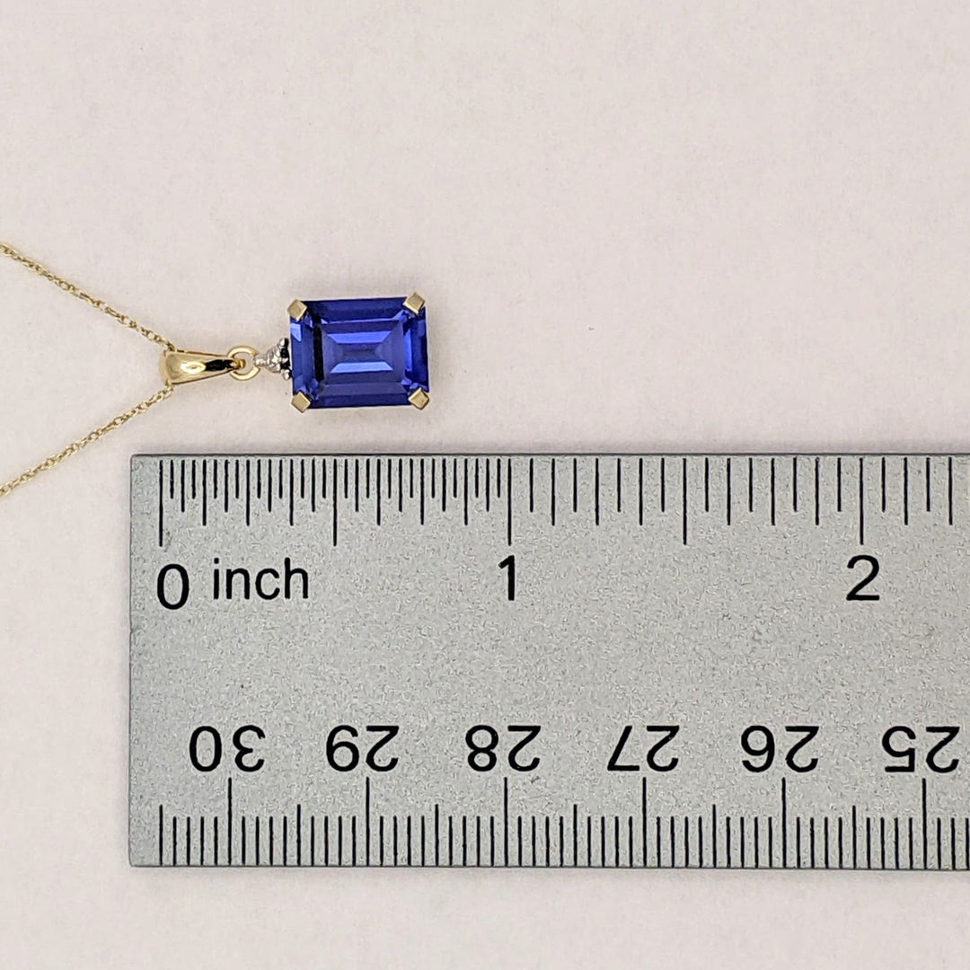 10K SYNTHETIC SAPHIRE EMERALD CUT 8X10 WITH MELEE ESTATE PENDANT &amp; CHAIN 1.9 GRAMS