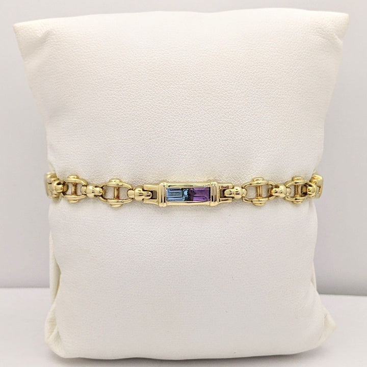 14K BLUE TOPAZ (3) AMETHYST (3) EMERALD CUT 3X5 ESTATE LINK BRACELET 15.9 GRAMS
