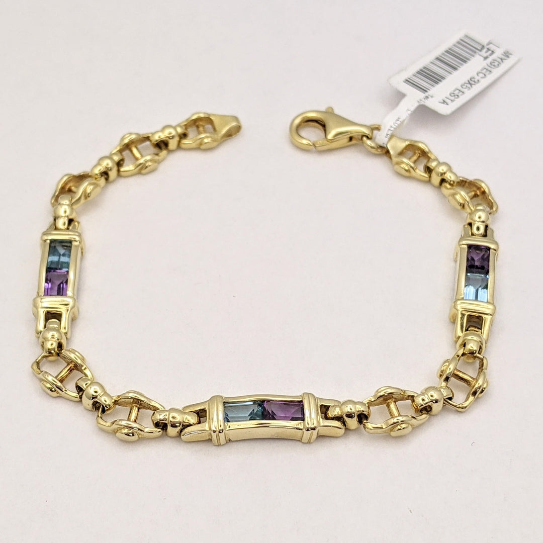 14K BLUE TOPAZ (3) AMETHYST (3) EMERALD CUT 3X5 ESTATE LINK BRACELET 15.9 GRAMS