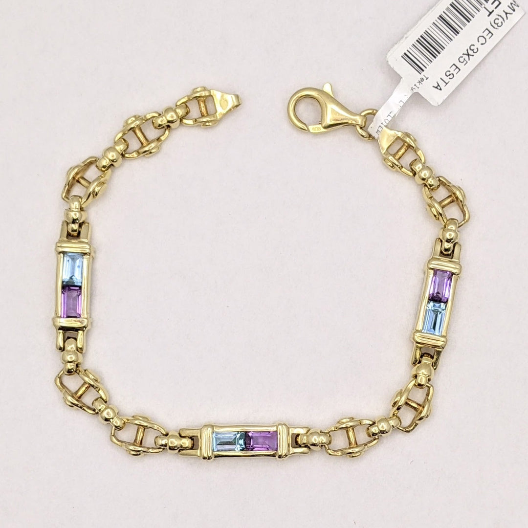 14K BLUE TOPAZ (3) AMETHYST (3) EMERALD CUT 3X5 ESTATE LINK BRACELET 15.9 GRAMS