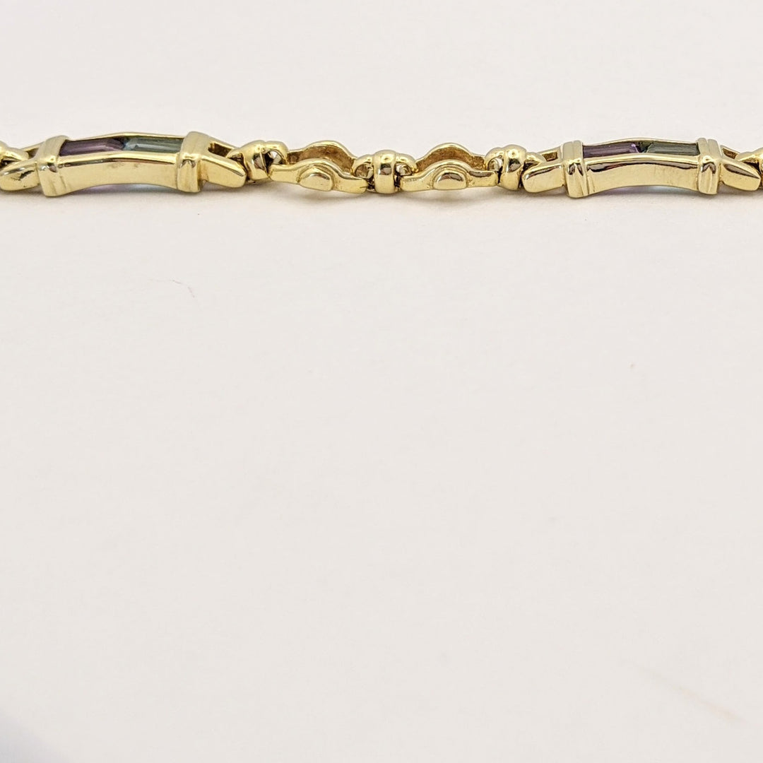 14K BLUE TOPAZ (3) AMETHYST (3) EMERALD CUT 3X5 ESTATE LINK BRACELET 15.9 GRAMS