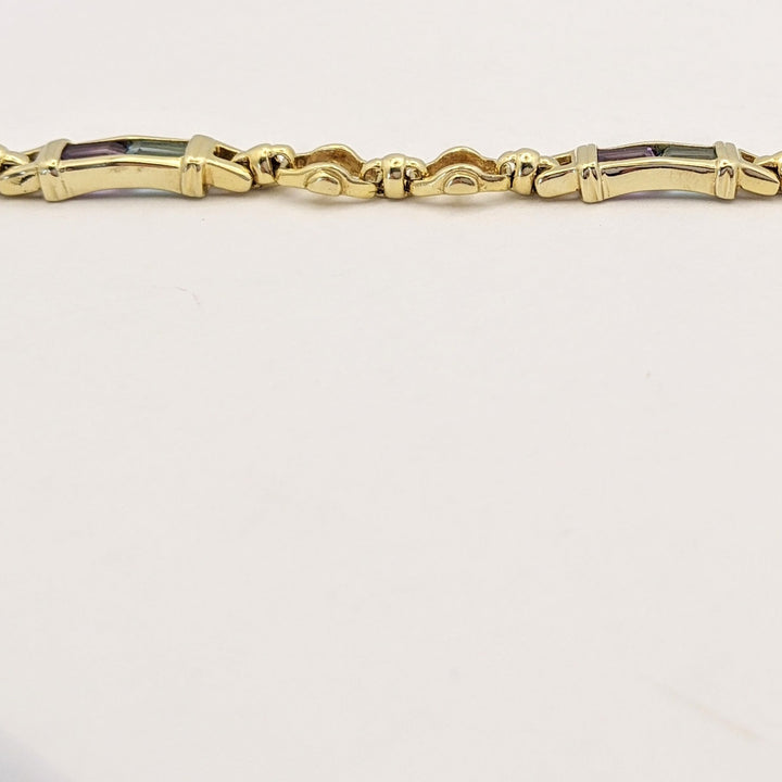 14K BLUE TOPAZ (3) AMETHYST (3) EMERALD CUT 3X5 ESTATE LINK BRACELET 15.9 GRAMS