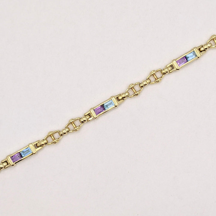 14K BLUE TOPAZ (3) AMETHYST (3) EMERALD CUT 3X5 ESTATE LINK BRACELET 15.9 GRAMS