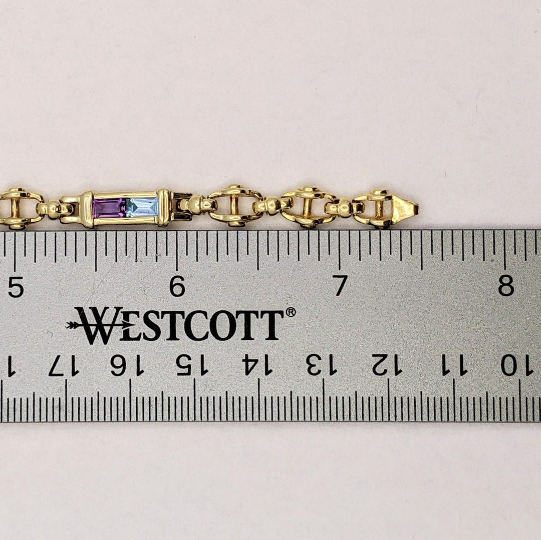 14K BLUE TOPAZ (3) AMETHYST (3) EMERALD CUT 3X5 ESTATE LINK BRACELET 15.9 GRAMS