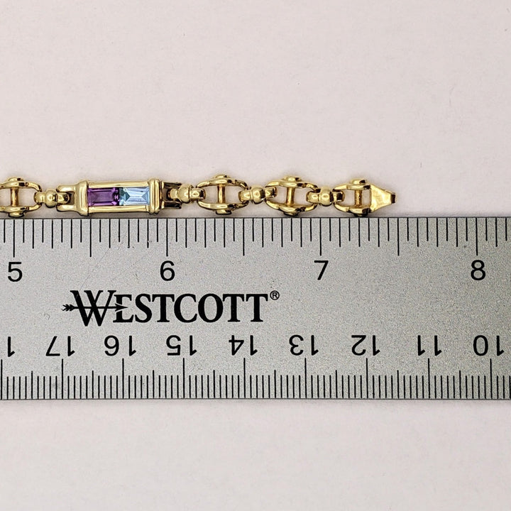 14K BLUE TOPAZ (3) AMETHYST (3) EMERALD CUT 3X5 ESTATE LINK BRACELET 15.9 GRAMS