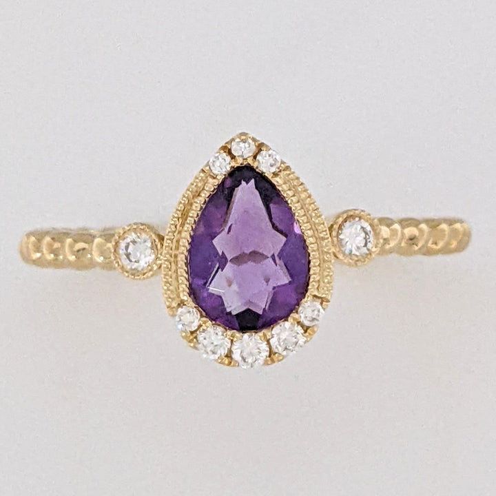 14K AMETHYST PEAR 5X7 WITH .13 DIAMOND TOTAL WEIGHT (10) ROUND BEAD SHANK ESTATE RING 2.0 GRAMS
