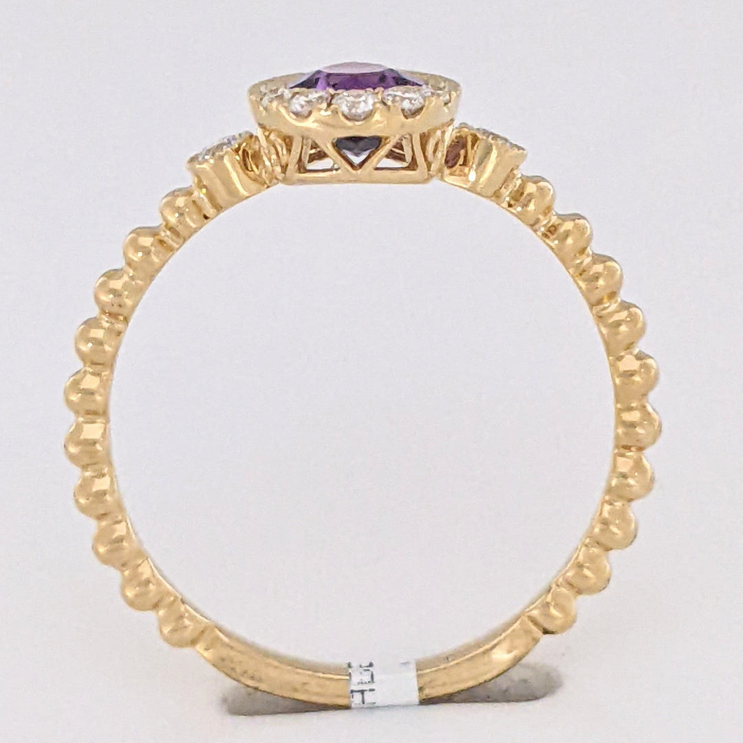 14K AMETHYST PEAR 5X7 WITH .13 DIAMOND TOTAL WEIGHT (10) ROUND BEAD SHANK ESTATE RING 2.0 GRAMS