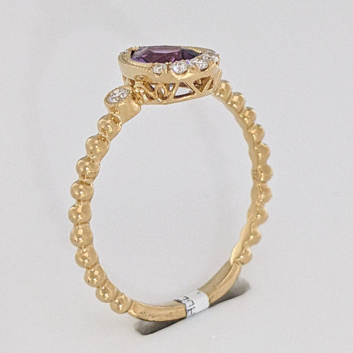 14K AMETHYST PEAR 5X7 WITH .13 DIAMOND TOTAL WEIGHT (10) ROUND BEAD SHANK ESTATE RING 2.0 GRAMS