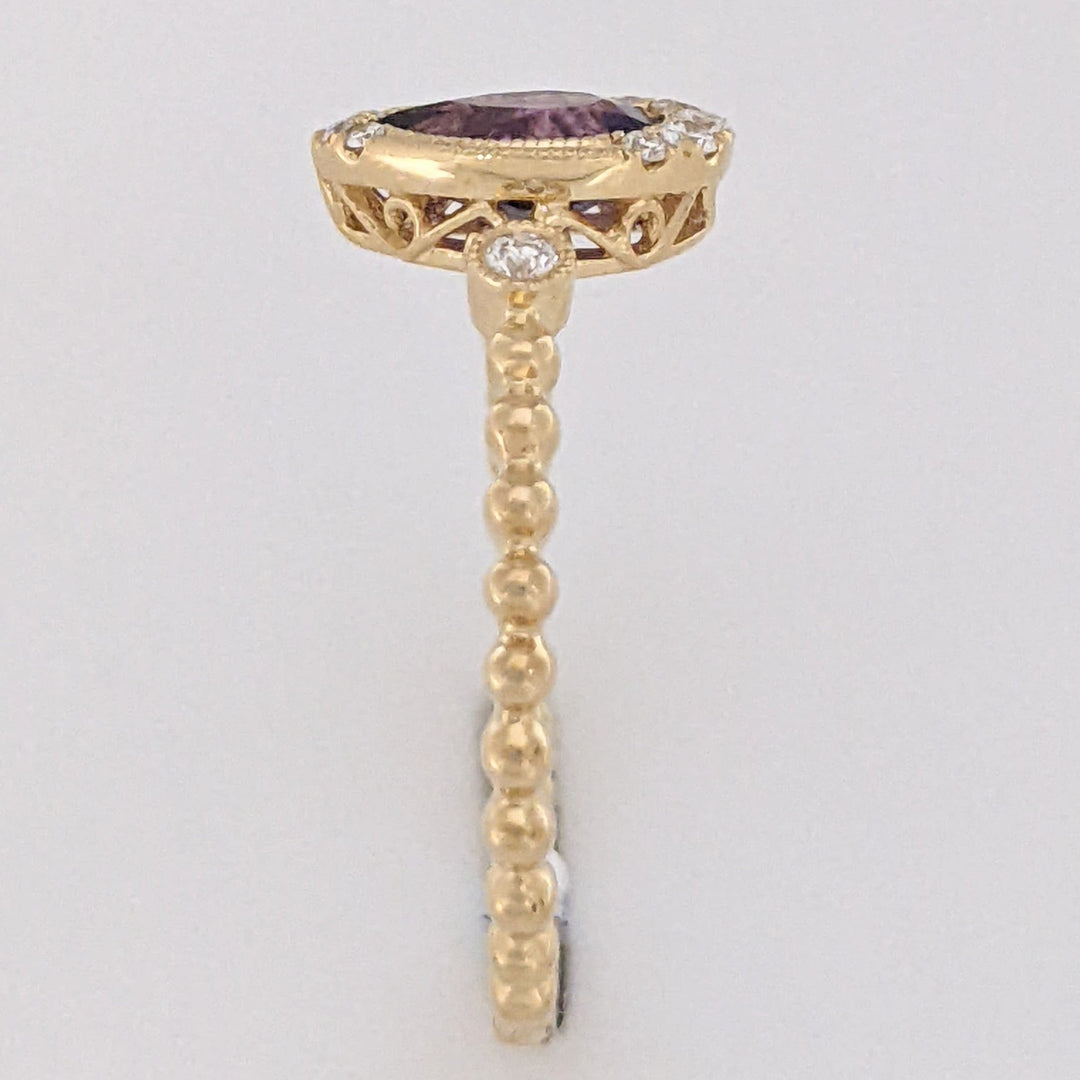 14K AMETHYST PEAR 5X7 WITH .13 DIAMOND TOTAL WEIGHT (10) ROUND BEAD SHANK ESTATE RING 2.0 GRAMS