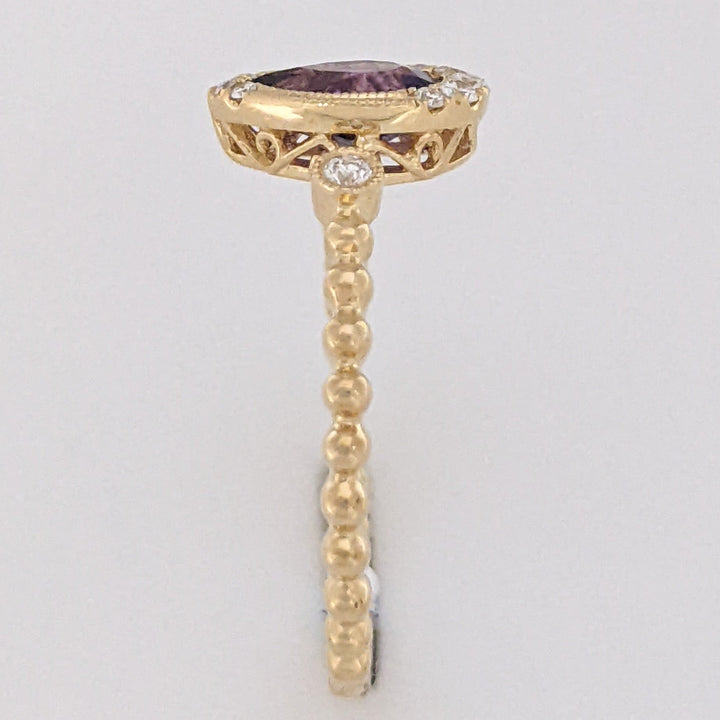 14K AMETHYST PEAR 5X7 WITH .13 DIAMOND TOTAL WEIGHT (10) ROUND BEAD SHANK ESTATE RING 2.0 GRAMS