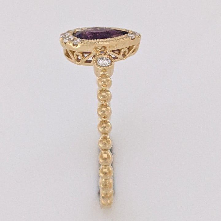 14K AMETHYST PEAR 5X7 WITH .13 DIAMOND TOTAL WEIGHT (10) ROUND BEAD SHANK ESTATE RING 2.0 GRAMS