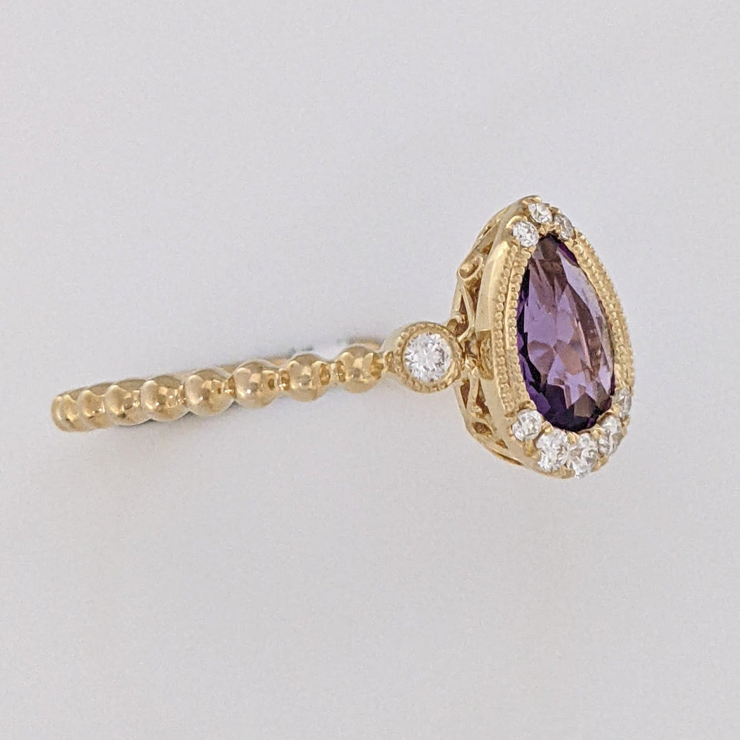 14K AMETHYST PEAR 5X7 WITH .13 DIAMOND TOTAL WEIGHT (10) ROUND BEAD SHANK ESTATE RING 2.0 GRAMS
