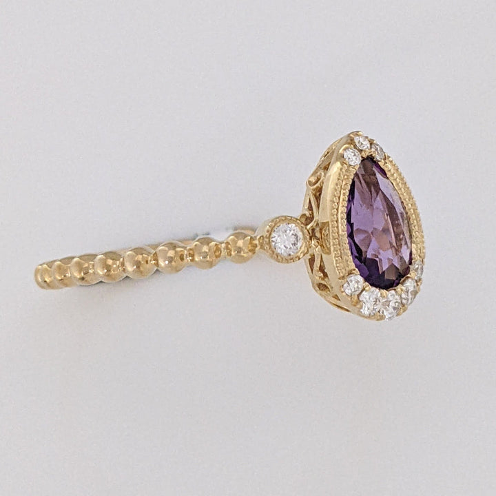 14K AMETHYST PEAR 5X7 WITH .13 DIAMOND TOTAL WEIGHT (10) ROUND BEAD SHANK ESTATE RING 2.0 GRAMS