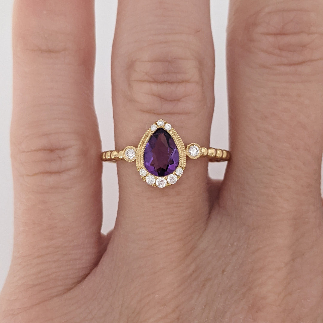 14K AMETHYST PEAR 5X7 WITH .13 DIAMOND TOTAL WEIGHT (10) ROUND BEAD SHANK ESTATE RING 2.0 GRAMS