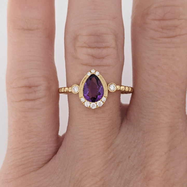 14K AMETHYST PEAR 5X7 WITH .13 DIAMOND TOTAL WEIGHT (10) ROUND BEAD SHANK ESTATE RING 2.0 GRAMS