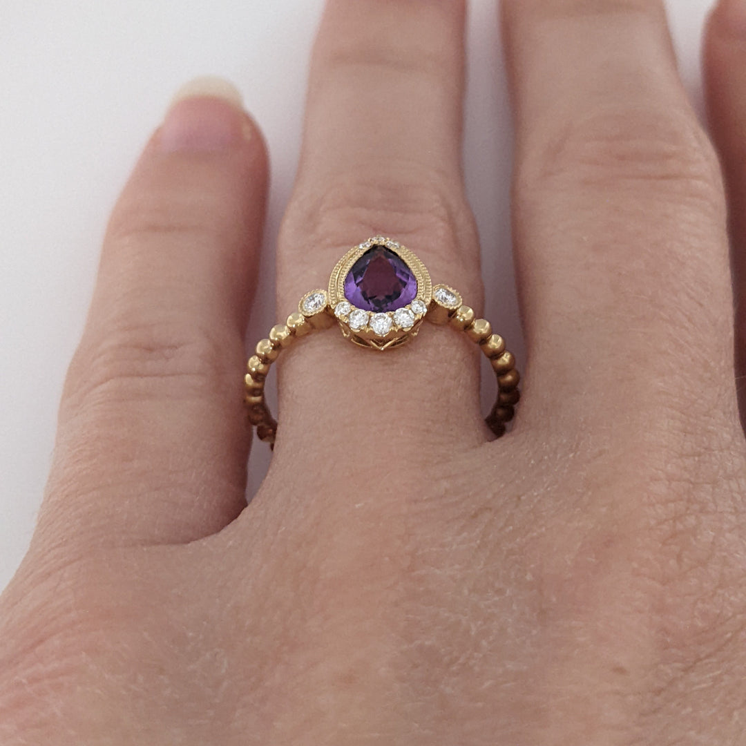 14K AMETHYST PEAR 5X7 WITH .13 DIAMOND TOTAL WEIGHT (10) ROUND BEAD SHANK ESTATE RING 2.0 GRAMS