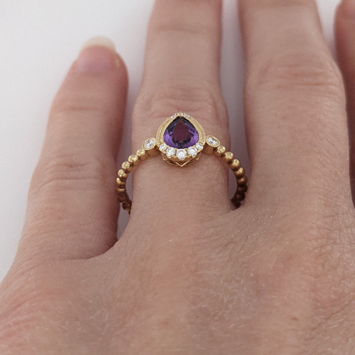 14K AMETHYST PEAR 5X7 WITH .13 DIAMOND TOTAL WEIGHT (10) ROUND BEAD SHANK ESTATE RING 2.0 GRAMS