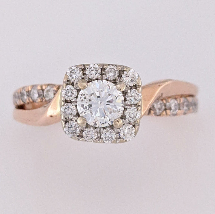 14K ROSE .58 CARAT TOTAL WEIGHT I1 H DIAMOND ROUND (27) ESTATE HALO RING 3.4 GRAMS