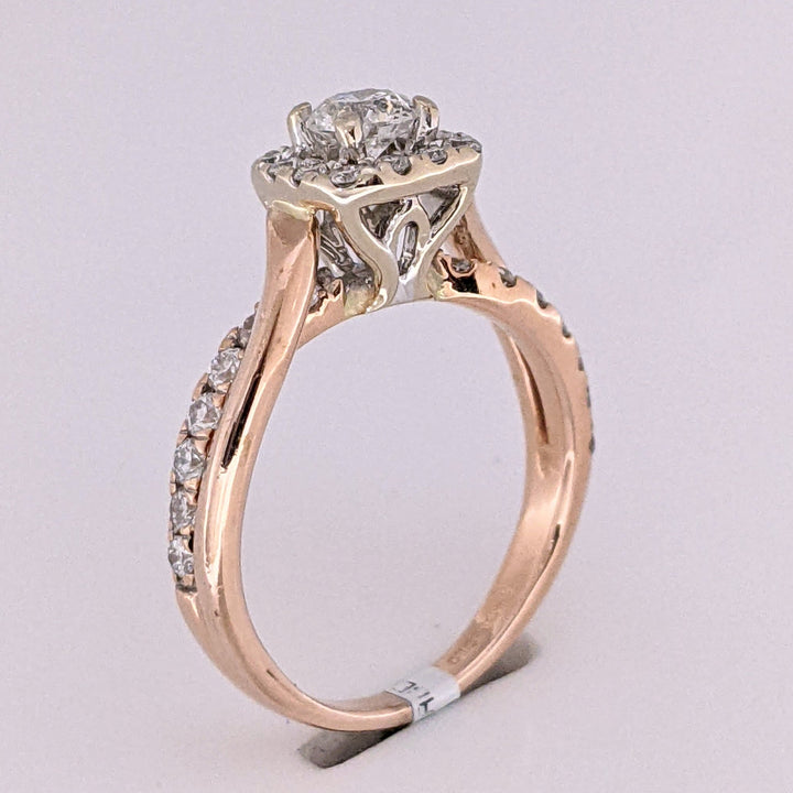 14K ROSE .58 CARAT TOTAL WEIGHT I1 H DIAMOND ROUND (27) ESTATE HALO RING 3.4 GRAMS