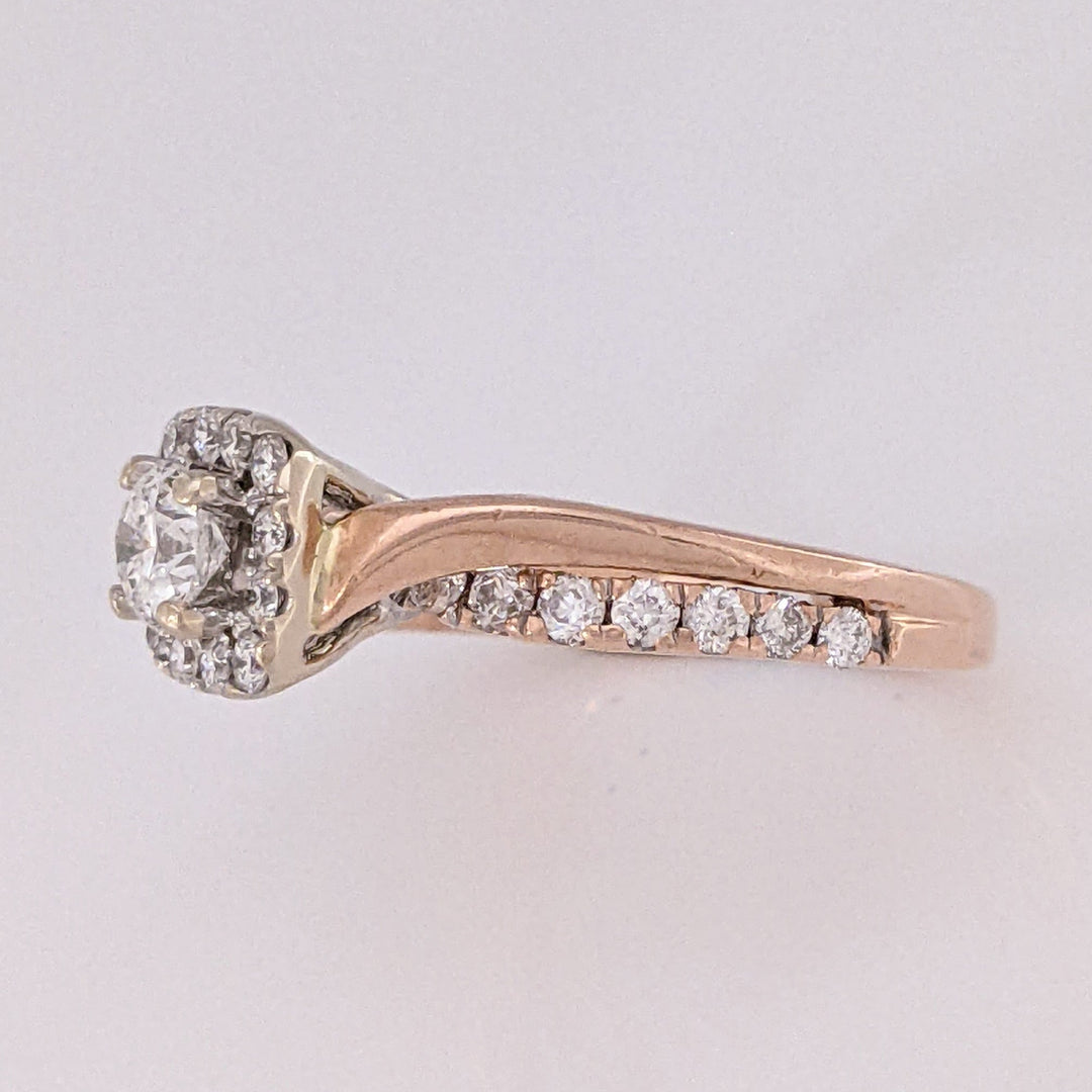 14K ROSE .58 CARAT TOTAL WEIGHT I1 H DIAMOND ROUND (27) ESTATE HALO RING 3.4 GRAMS