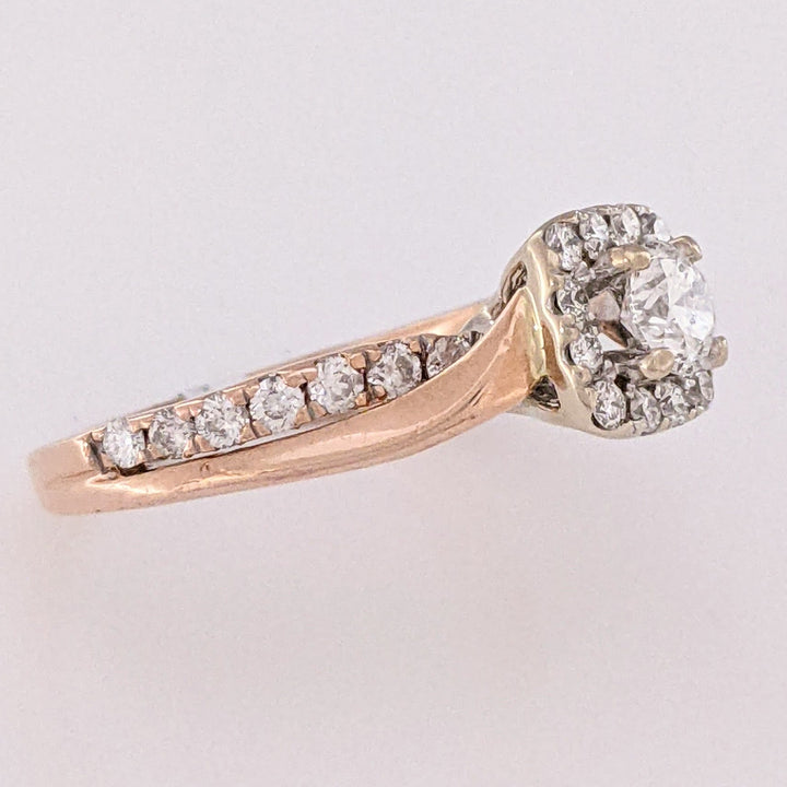 14K ROSE .58 CARAT TOTAL WEIGHT I1 H DIAMOND ROUND (27) ESTATE HALO RING 3.4 GRAMS